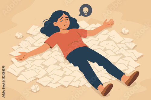 Overwhelmed by ideas and paperwork, woman experiences creative block and burnout. Stressed character buried under documents, feeling information overload. Concept of mental fatigue, work stress.