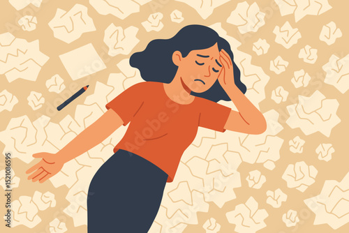 Overwhelmed woman experiencing creative block. Stressed artist surrounded by crumpled paper. Mental fatigue, writer's block. Burnout concept. Frustrated person with too many ideas, headache.