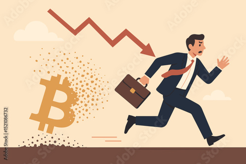 Bitcoin Cryptocurrency Market Crash, Economic Crisis, Financial Loss, Business Man Running from Falling Prices, Investor Panic, Digital Currency Collapse, Money Chaos