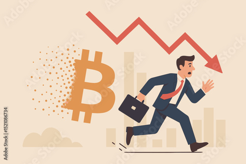 Cryptocurrency market crash. Panicked businessman running from crumbling Bitcoin symbol. Financial crisis, investment loss, stock market decline, economic downturn, blockchain risk.