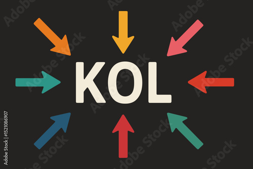 KOL Key Opinion Leader acronym concept illustration with colorful arrows pointing inwards. Marketing, influence, and expertise symbol. Vector graphic on textured dark background.