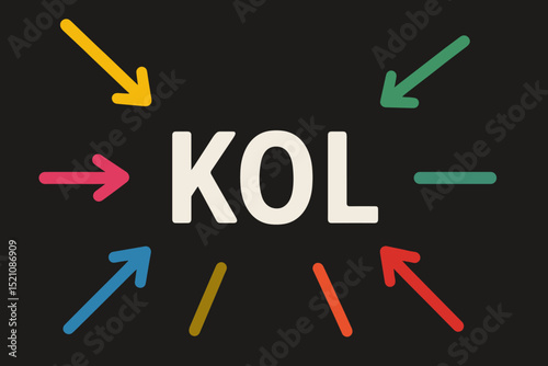 Key Opinion Leader KOL marketing concept. Colorful arrows converging on acronym, symbolizing influencer strategy, brand advocacy, social media engagement, and expert authority in digital promotion.