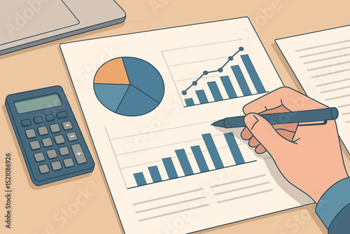 Financial strategy planning. Business data analysis with charts, graphs. Investment report, budget review for market growth. Office desk, calculator, pen. Financial analytics. Vector concept.