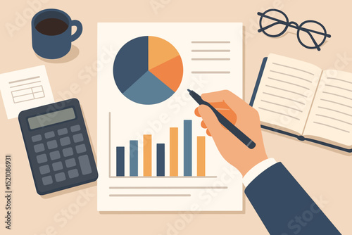Financial strategy and business planning concept. Analyst hand examining data report with pie chart, bar graph on office desk. Investment accounting, market research, and corporate growth.