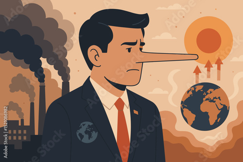 Lying businessman Pinocchio nose climate change denial. Global warming. Corporate greed. Environmental pollution industrial smoke. Earth damage disinformation propaganda metaphor. Crisis vector.