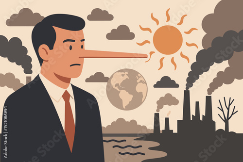 Climate change denial. Lying businessman, Pinocchio nose metaphor. Corporate greed, pollution. Misinformation, global warming. Greenwashing, industry impact. Environmental crisis. Vector.