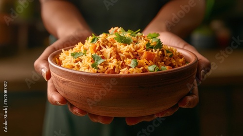 Delicious rice dish served in a rustic bowl held by hands. AI-generated.