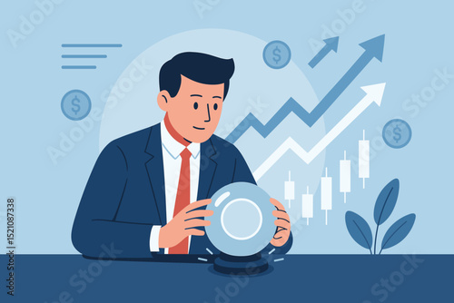 Business forecast metaphor: Businessman with crystal ball predicting financial success. Market analysis, investment strategy, economic growth, future trends. Stock market vision. Vector graphic.