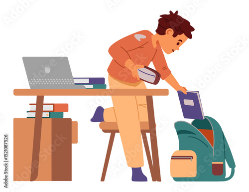 Elementary school boy preparing for school picking up his bag flat vector illustration isolated on white.
