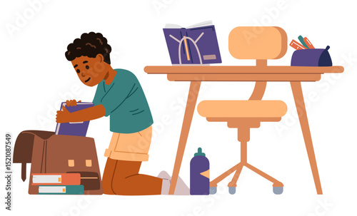 Elementary African American school boy preparing for school picking up his bag flat vector illustration isolated on white.