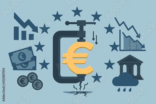 Euro economic pressure. Financial crisis illustration. European currency devaluation metaphor. Recession, money problems, market decline. EU finance instability. Clamp, graph, bank. Vector art.