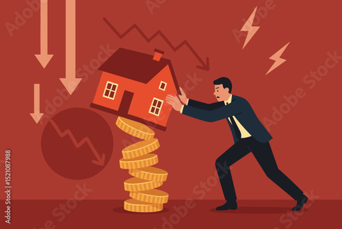 Housing investment at risk. Businessman struggles to protect property from falling in real estate market crisis. Financial recession, economic downturn, mortgage danger, housing bubble.