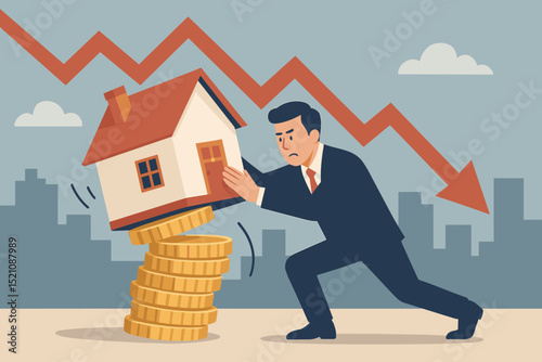 Businessman protecting housing investment from market crash. Real estate crisis concept with house on falling coins and downward arrow. Financial risk, economic downturn, property bubble.