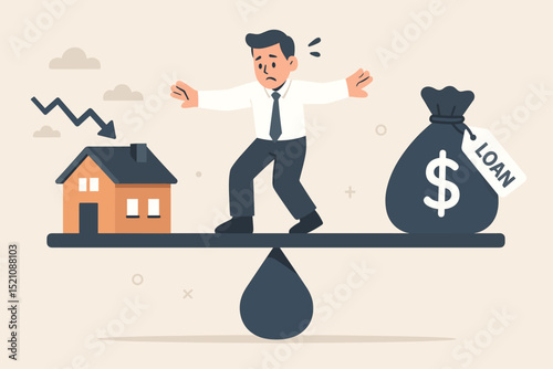 Real estate balancing act. Man struggles with mortgage loan and falling house prices. Financial risk and investment stress. Property market volatility. Homeowner debt crisis concept vector.