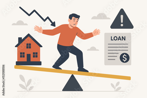 Housing market crisis: Man balances home and loan on seesaw. Real estate financial risk, mortgage debt stress, property investment instability. Economic downturn concept, financial struggle.
