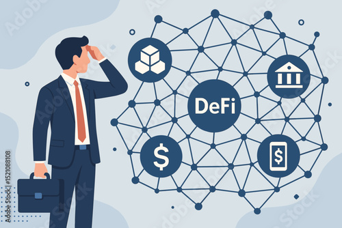 Businessman analyzing DeFi decentralized finance network. Blockchain technology, fintech innovation, cryptocurrency, digital assets, P2P financial services. Future of money, crypto investment vector.