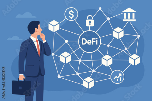 Businessman contemplating DeFi decentralized finance network and blockchain technology. Exploring cryptocurrency investment, fintech innovation, digital assets, financial security, market growth.