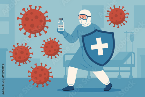 Healthcare hero doctor in PPE battles virus. Medical worker with shield, vaccine fights COVID-19. Coronavirus pandemic protection concept. Hospital, immunization, science illustration.