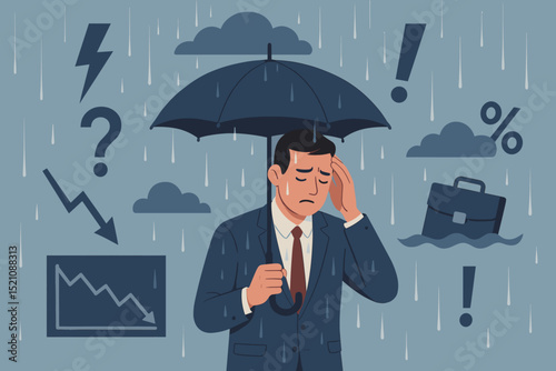 Overwhelmed businessman under pressure in rain with umbrella. Financial crisis, economic recession, market crash metaphor. Stress, anxiety, uncertainty, problems, failure, debt concept.