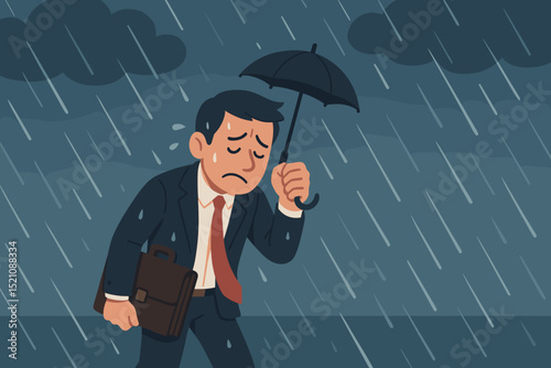 Depressed businessman struggling in heavy rain with umbrella. Metaphor for economic downturn, job loss, business failure, or career crisis. Sad man facing adversity, stress, and challenges.