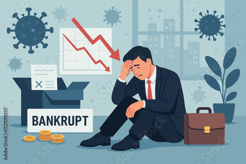 Bankruptcy financial crisis. Businessman despair, economic recession. Entrepreneur job loss, investment failure. Sad manager, corporate debt, market crash, declining chart. Virus impact.