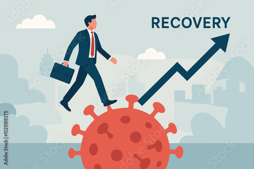 Economic recovery journey after COVID-19. Businessman overcomes virus, walks on coronavirus symbol toward growth arrow. Financial success, market resilience, post-pandemic business revival concept.