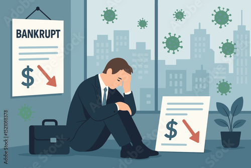 Businessman in Crisis: Financial Loss, Bankruptcy, Economic Downturn, Despair During Pandemic. Sad Man Suffering Recession, Virus Impact, Business Failure in City Office