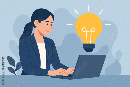Businesswoman at laptop with lightbulb, symbolizing innovation, creative idea, and problem-solving. Concept for inspiration, startup success, new project development, and insightful solutions.