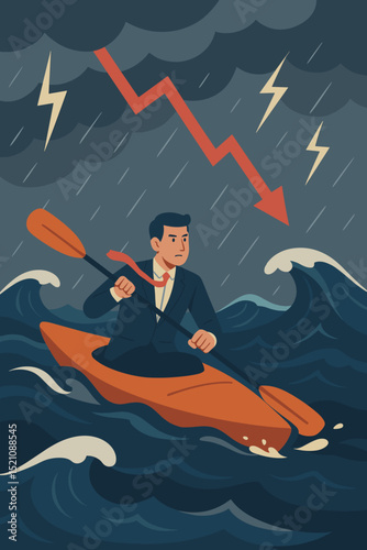 Businessman kayaking through economic crisis storm. Financial downturn concept with red arrow. Navigating business challenges, risk management, and resilience in turbulent waters. Leadership metaphor.