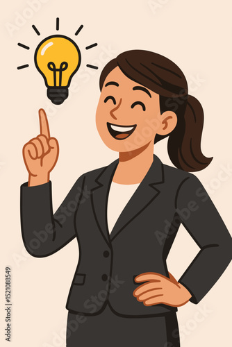 Businesswoman idea lightbulb. Innovation concept. Optimistic female entrepreneur pointing. Creative solution. Inspiration symbol. Business success. Happy professional character. Vector cartoon.