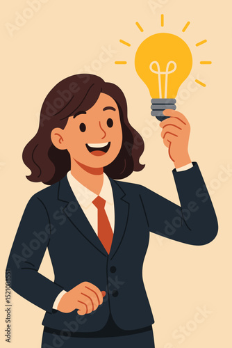 Businesswoman lightbulb idea concept. Optimistic innovation, creative strategy. Female entrepreneur problem solving. Success, startup inspiration. Corporate professional character vector illustration.