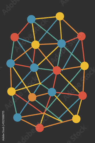 Chalkboard network design, colorful interconnected nodes concept. Abstract data visualization, communication structure, technology web, teamwork. Textured background graphic illustration.
