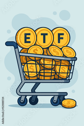 ETF investment illustration. Shopping cart filled with gold dollar coins representing Exchange Traded Fund. Finance, stock market, wealth, savings, and financial growth concept. Vector asset.