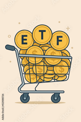 ETF investment concept. Shopping cart gold coins. Exchange Traded Fund symbol. Financial growth. Wealth accumulation. Stock market trading. Savings. Portfolio diversification. Vector finance.