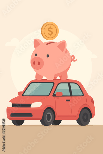 Piggy bank with dollar coin on red car roof. Vector illustration for saving money, vehicle purchase, auto loan, car insurance, financing concepts. Financial planning, investment, budget.