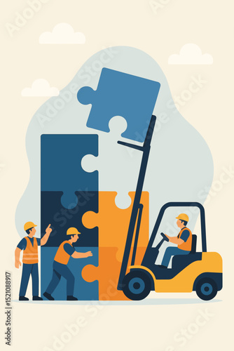 Business teamwork concept. Collaborative effort, building success, problem-solving. Workers assembling puzzle pieces with a forklift. Partnership, cooperation, integration, development process.