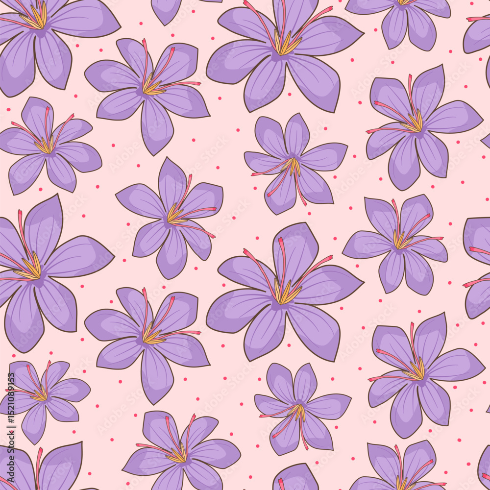 Cute hand drawn saffron flowers seamless vector pattern illustration on pink background Cute hand drawn saffron flowers seamless vector pattern illustration on pink background