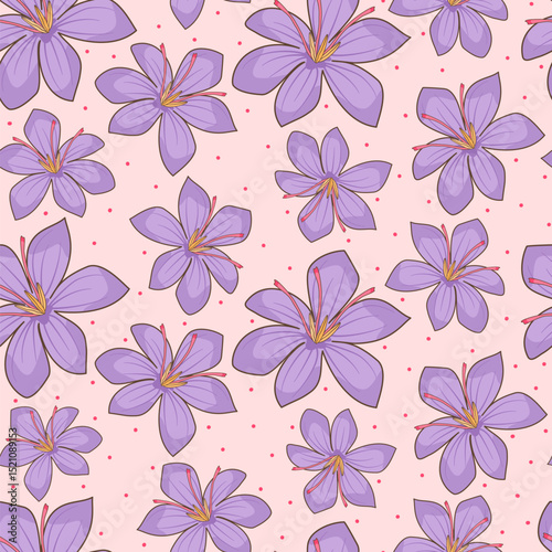 Cute hand drawn saffron flowers seamless vector pattern illustration on pink background	