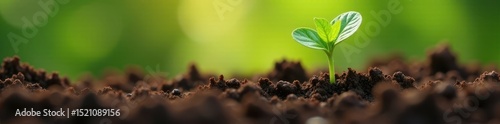 Bean seed sprouting in rich soil, early growth stage, cotyledon, farm, bean photo