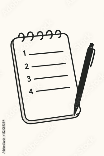 Minimalist spiral notepad and pen vector. Numbered to-do list or checklist graphic for planning, organization, tasks. Simple black and white memo pad, office stationery icon.
