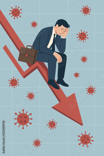 Economic crisis concept. Desperate investor, businessman on falling red arrow chart amid virus pandemic. Stock market crash, financial recession, business loss, investment despair. Global impact.