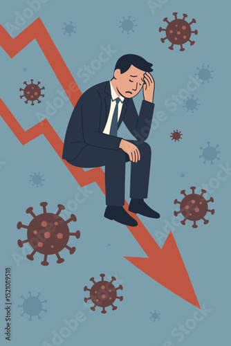 Depressed Businessman Experiencing Economic Downturn Amidst Viral Outbreak. Stock Market Crash, Financial Crisis, Investment Loss, and Business Bankruptcy with Sadness and Stress.