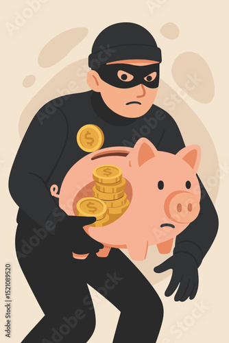 Masked thief robbing piggy bank. Financial crime, stealing money, gold coins. Burglar character, savings loss, security breach, investment risk. Economic theft concept. Cartoon vector art.