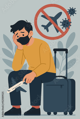 Cancelled travel plans. Sad man in face mask at airport with suitcase. Flight ban due to virus pandemic. Disappointed traveler, grounded airplane concept. Health crisis, tourism impact illustration.