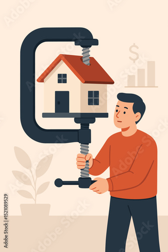 Homeowner facing financial squeeze, refinancing pressure, mortgage strain. Real estate market challenge, rising interest rate burden, property value, housing affordability crisis. Economic stress