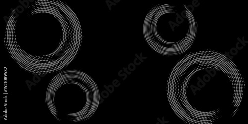 Halftone circular dotted frames set. Circle dots texture isolated on white background. Spotted spray texture.