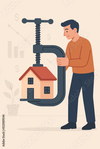 Refinancing Squeeze: Man applies clamp to house, symbolizing mortgage stress, housing debt, and economic pressure. Financial crisis, high interest rates, property market decline vector.