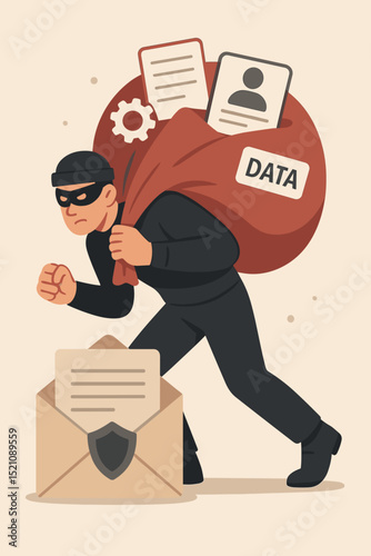 Cybercrime data breach theft concept. Hacker in mask stealing digital information, personal identity, confidential files, intellectual property from email. Fraud and privacy violation security risk.