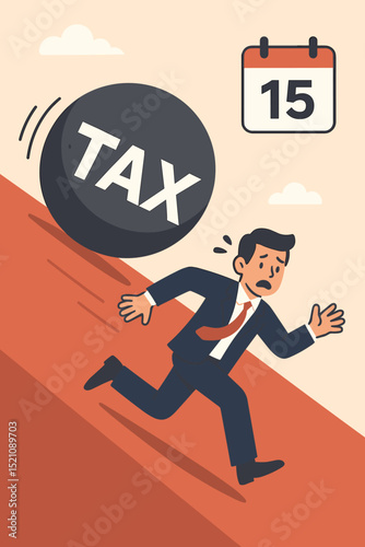 Stressed businessman running from a giant tax ball. Concept of approaching tax deadline, financial pressure, accounting struggles, urgent payment, and fiscal management panic