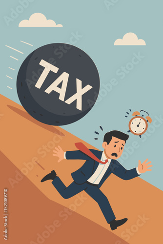 Stressed businessman running from a giant tax ball, representing financial burden, looming deadline, and overwhelming debt. Panic, pressure, and tax day anxiety for business finance and income.